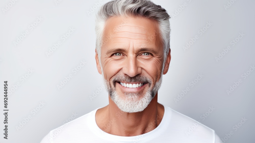 beautiful senior handsome man smiling with clean teeth. isolated on grey background beautiful senior handsome man smiling with clean teeth. isolated on grey background