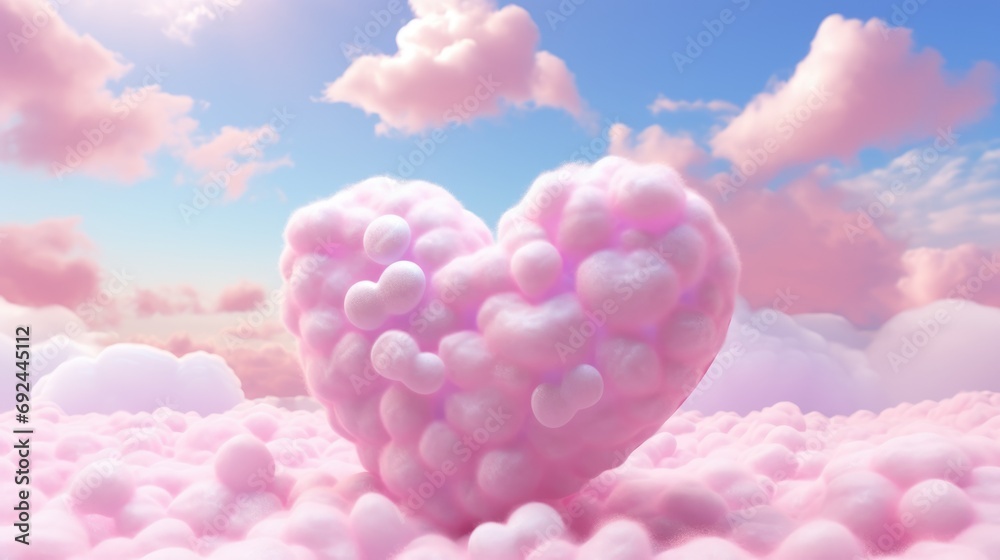 Fluffy Heart Cloud background. Valentine’s Day, Love Concept. Realistic beautiful heart shaped sky clouds illustration for postcard, banner, leaflet, poster, brochure, greeting invitation card..