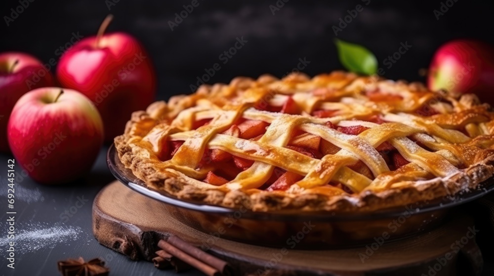 Apple Pie background. National Pie Day, Thanksgiving traditional dessert, autumn bakery concept. .For postcard, banner, wallpaper, backdrop, web, card, poster, cover, print. Copy space. Apple Pie background. National Pie Day, Thanksgiving traditional dessert, autumn bakery concept. .For postcard, banner, wallpaper, backdrop, web, card, poster, cover, print. Copy space.