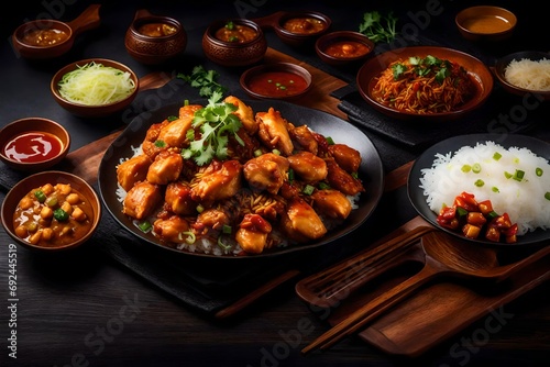 an ultra-realistic HD quality image of tandori chicken, Chinese rice with chicken Manchurian perfectly garnished - AI Generative photo