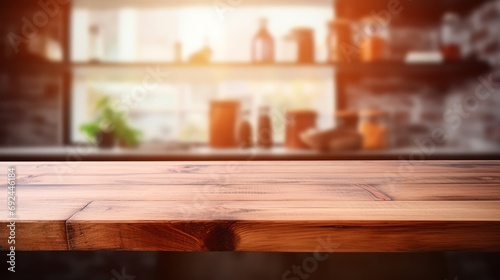 Wooden table on blurred kitchen bench background