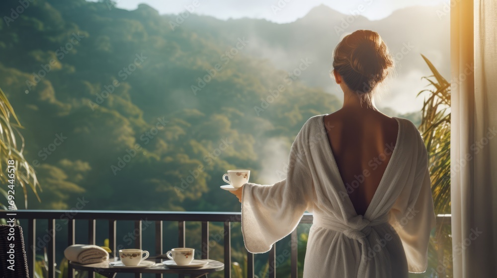Back view of a happy woman with a cup of coffee or tea in a white towel after showering, standing on an open resort balcony - obrazy, fototapety, plakaty 