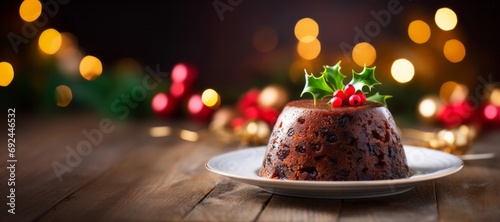 Close up classic plum pudding on festive table celebrating Christmas eve photo