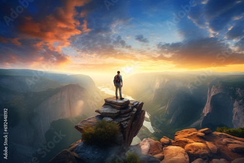A solitary trekker perched on a magnificent precipice, admiring the spectacular sundown over the immense wilds.