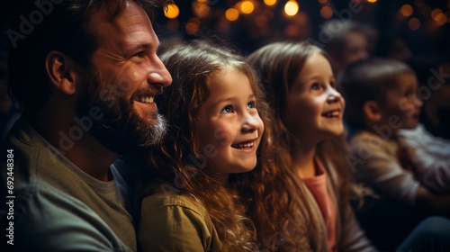 A happy young couple is accompanied by their daughter at the theater watching a thrilling film.