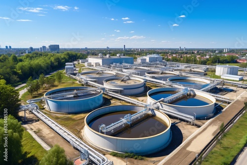 City sewage treatment plant with high-altitude perspective showing advanced purification process to eliminate unwanted substances from polluted water. photo