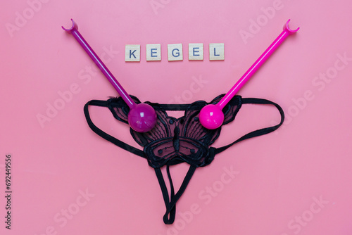 Vagina laser device for recovery after childbirth. Kegel adult exercise. Intimate gymnastics. inscription text word Kegel. Gynecology health ball.