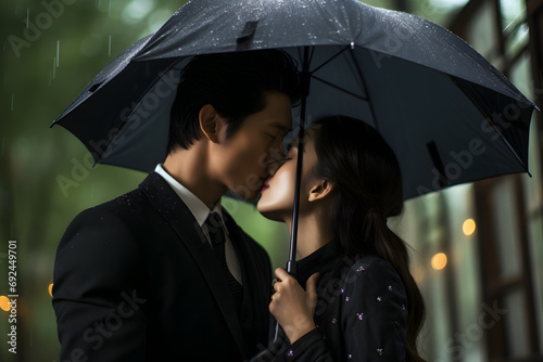 A young Asian couple stands under an umbrella against the backdrop of the night city. Valentine's day concept