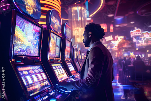 Men playing slot machine in casino