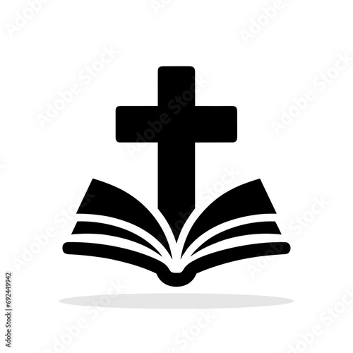 Bible with Christian cross icon. Black religious symbol. Christian church symbol.