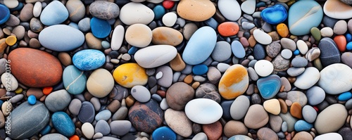 Abstract symphony of smooth pebbles on beach. Round and textured stones create harmony of shapes and patterns inviting sense of tranquility photo
