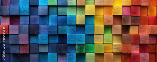 Colored wooden cubes wall. Abstract geometric rainbow blocks. wide banner