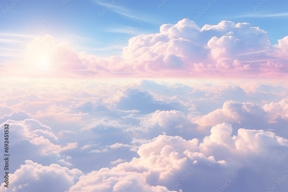 Panoramic aerial view of majestic landscape with billowy clouds against a serene blue sky, seen from a plane. Panoramic aerial view of majestic landscape with billowy clouds against a serene blue sky, seen from a plane.