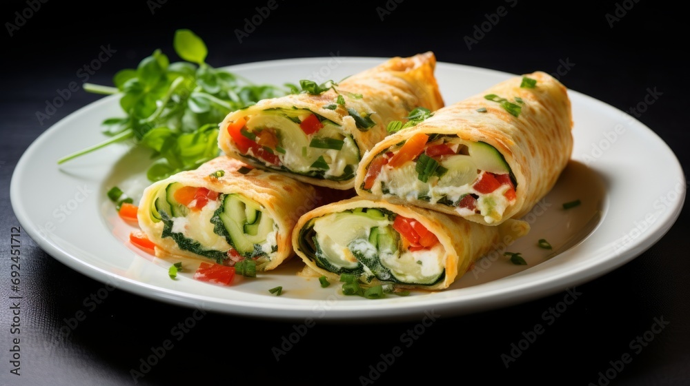 Omelette rolls with mozzarella and vegetables with bread Omelette rolls with mozzarella and vegetables with bread