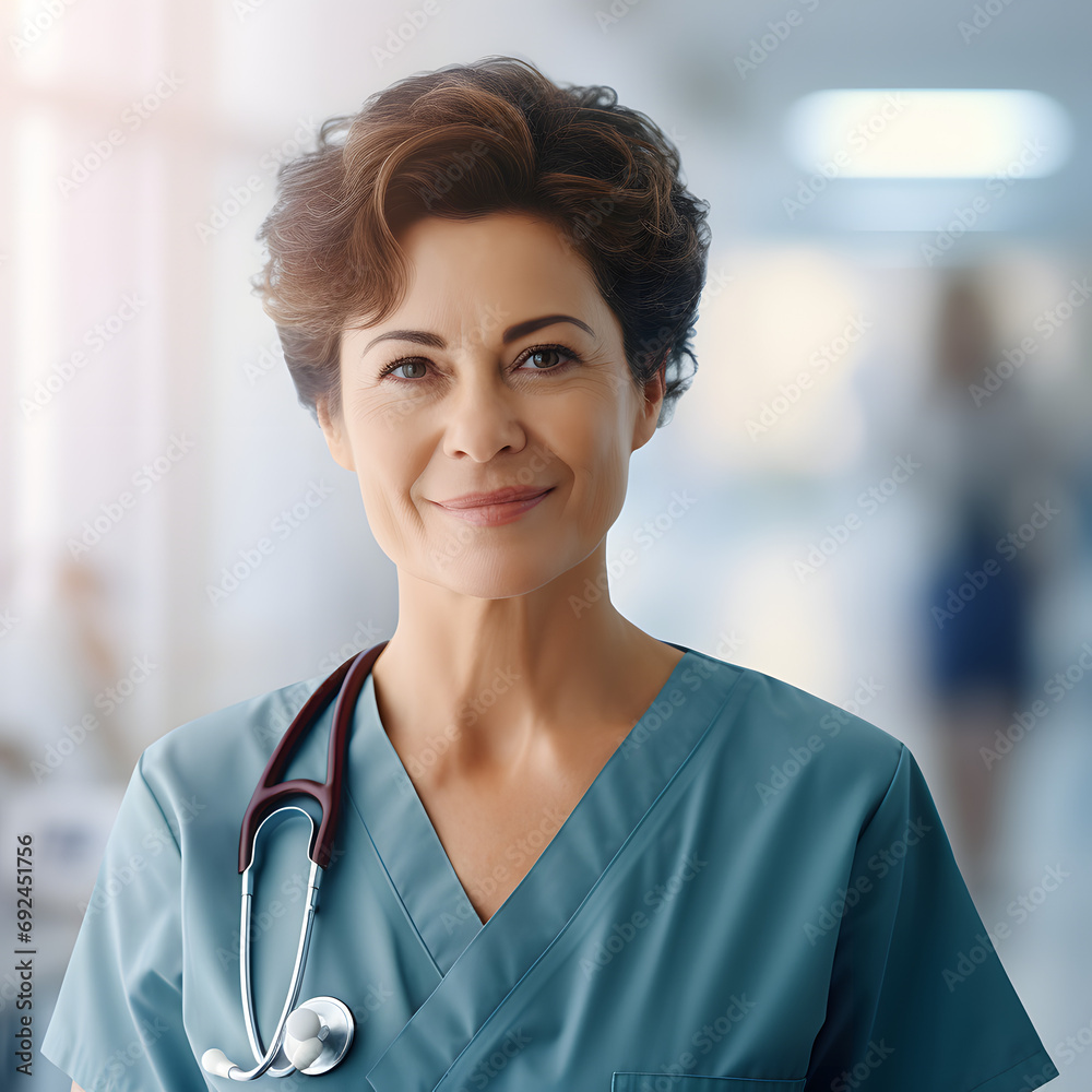 Middle-aged female doctor with a calm smile in hospital Middle-aged female doctor with a calm smile in hospital