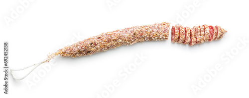 Smoked dried sausage. Sliced sausage isolated on white background.