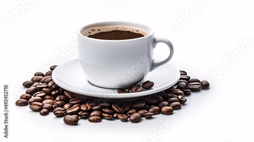 A white background isolates a coffee cup and beans.