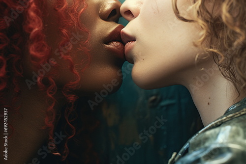 closeup lesbian couple kissing lips
