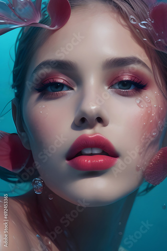 Surreal underwater portrait of a beautiful woman with coral red makeup swimming in the sea. Natural high fashion and beauty aesthetic.