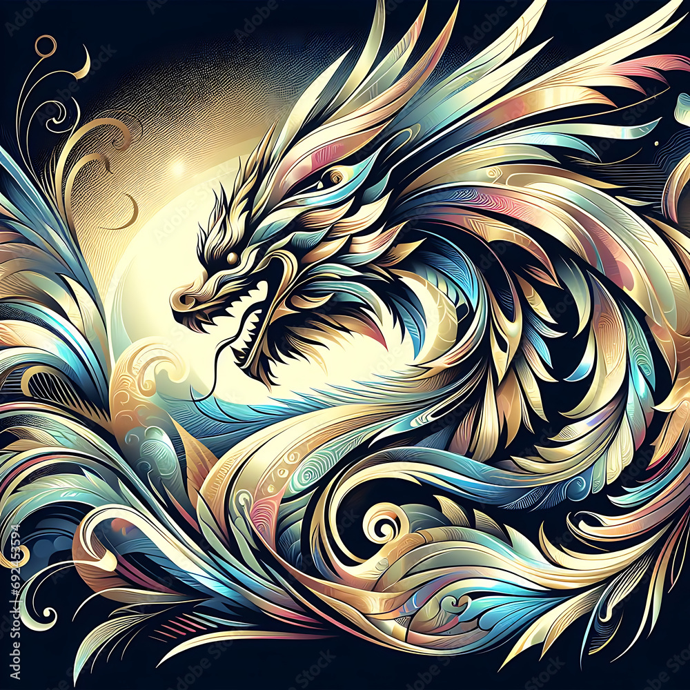 Graphic design style European dragon image using metallic tones