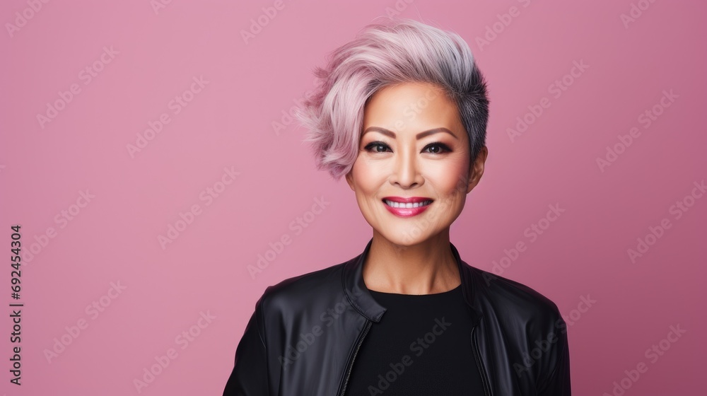 A stylish Asian woman in her 50s. Luxurious middle aged woman with a short hairdo on pink background A stylish Asian woman in her 50s. Luxurious middle aged woman with a short hairdo on pink background