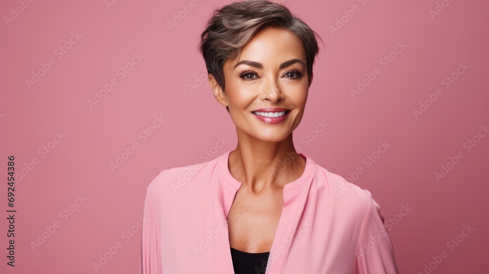 A stylish Asian woman in her 50s. Luxurious middle aged woman with a short hairdo on pink background A stylish Asian woman in her 50s. Luxurious middle aged woman with a short hairdo on pink background