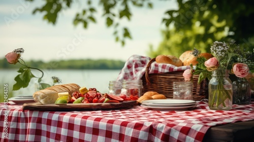 summer tablecloth picnic food illustration gathering party, barbecue basket, snacks sandwiches summer tablecloth picnic food