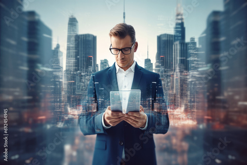 Handsome young businessman using tablet computer on abstract city background with double exposure of business graph. Technology concept