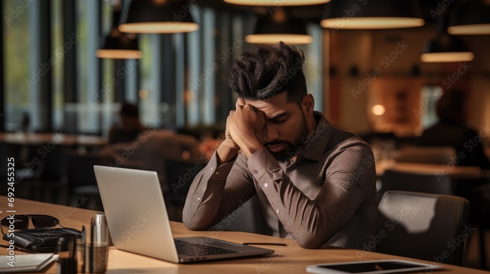 Business person sits at their office desk, engrossed in work on their laptop, stress of the job is evident as they rest their hands on their head, challenges and pressures in professional life Business person sits at their office desk, engrossed in work on their laptop, stress of the job is evident as they rest their hands on their head, challenges and pressures in professional life