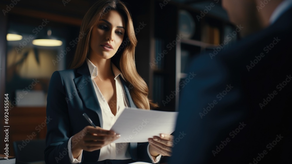 Business woman lawyer attorney showing document to man client providing advisory services, professionals discussing tax papers working in office at meeting. Legal consultancy concept. Close up