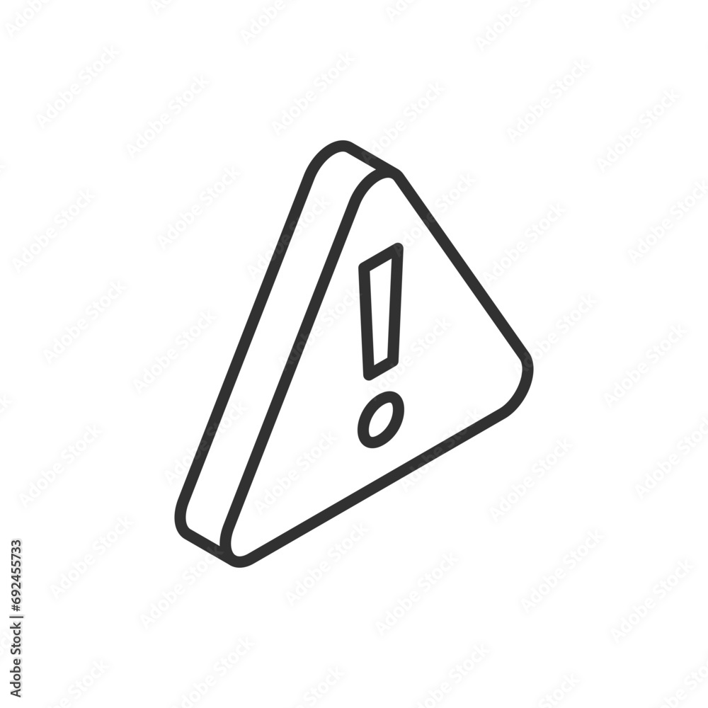 Triangular sign with exclamation mark, linear icon. Line with editable stroke. Isometric Triangular sign with exclamation mark, linear icon. Line with editable stroke. Isometric