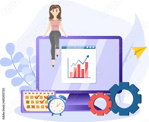 Efficiency illustration. Productive woman, multitasking or time management professional, productivity or entrepreneurship.