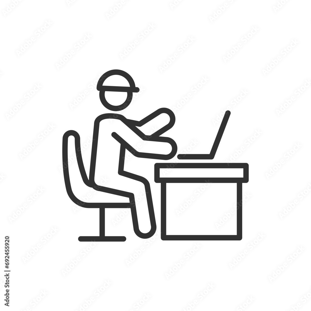 A man in a helmet sits at a computer, linear icon. Engineer. Line with editable stroke A man in a helmet sits at a computer, linear icon. Engineer. Line with editable stroke