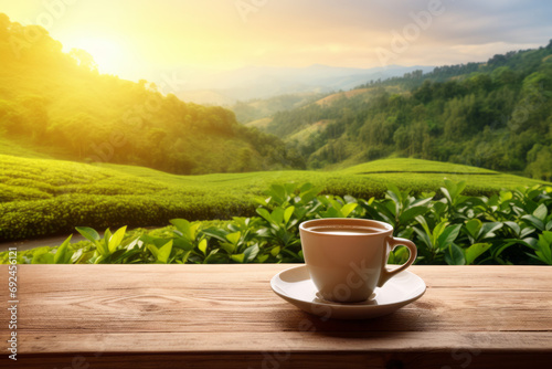 Coffee cup or tea on wooden table over tea plantation background at sunset, copy space