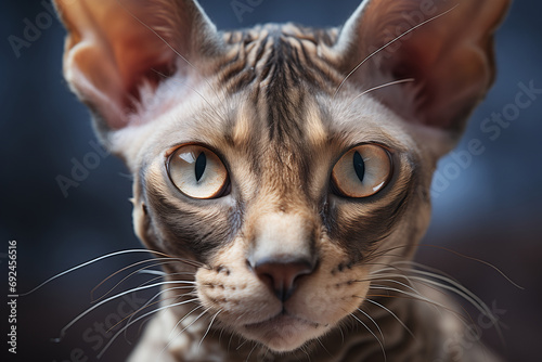 Portrait of a sphynx cat with yellow green eyes, close-up, studio background. Selective focus