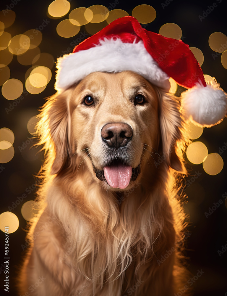 A golden retriever wearing Santa Claus hat A golden retriever wearing Santa Claus hat