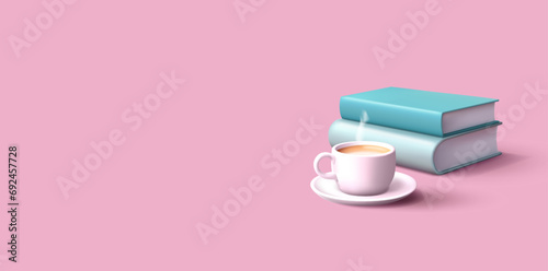 Books. vector illustration of a cup with hot beverage with a stack of books, student or work place