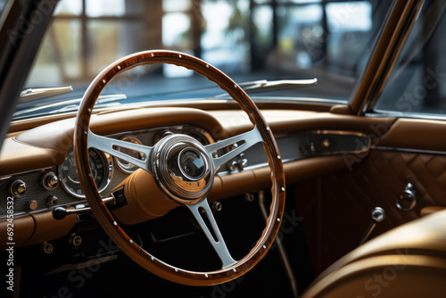 Vintage car interior. Close-up of steering wheel and dashboard photo