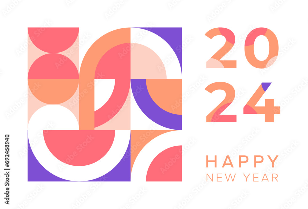 Joyeux nouvel an 2024 bannière avec numéro. Carte de vœux pour la célébration de la nouvelle année 2024. Design vectoriel, fond coloré et éditable. Symbole, formes géométriques violet et rose - obrazy, fototapety, plakaty 