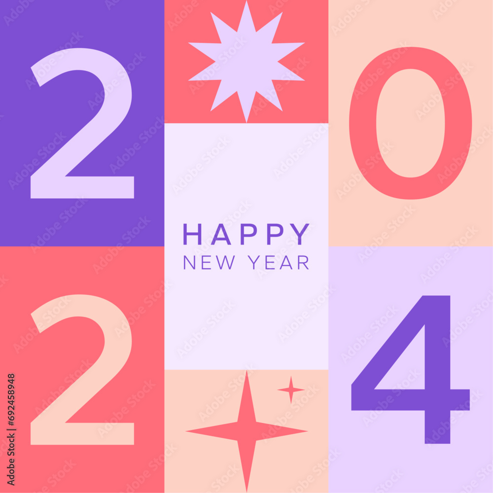 Joyeux nouvel an 2024 modèle carré avec numéro. Carte de vœux coloré et festive pour la célébration de la nouvelle année 2024. Design vectoriel, illustration,  fond coloré et éditable. Rose et violet. - obrazy, fototapety, plakaty 