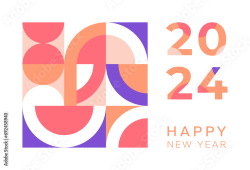 Joyeux nouvel an 2024 bannière avec numéro. Carte de vœux pour la célébration de la nouvelle année 2024. Design vectoriel, fond coloré et éditable. Symbole, formes géométriques violet et rose