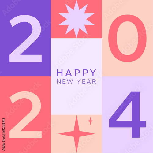Joyeux nouvel an 2024 modèle carré avec numéro. Carte de vœux coloré et festive pour la célébration de la nouvelle année 2024. Design vectoriel, illustration,  fond coloré et éditable. Rose et violet. photo