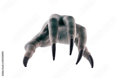 Creepy monster hand with black claws isolated on white background with clipping path