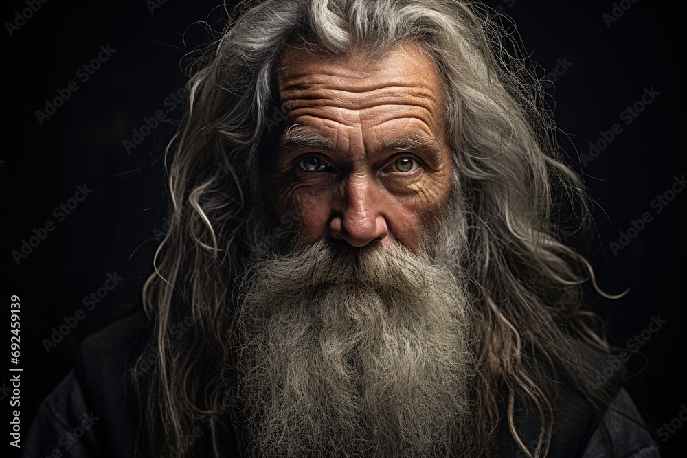 Portrait of very old man with long beard and grey hair