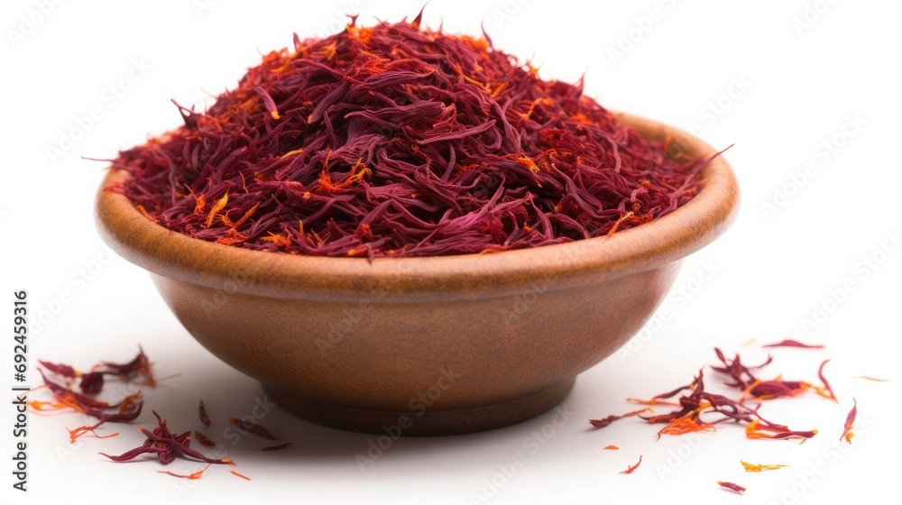 Naklejka premium saffron in a wooden bowl on a table in white isolated background