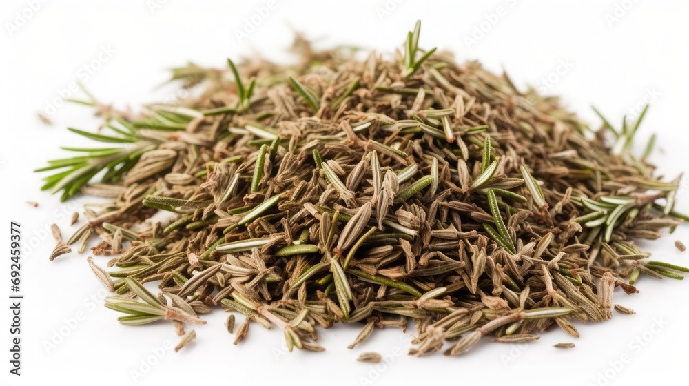 dried rosemary leaves on a table , white isolated background dried rosemary leaves on a table , white isolated background