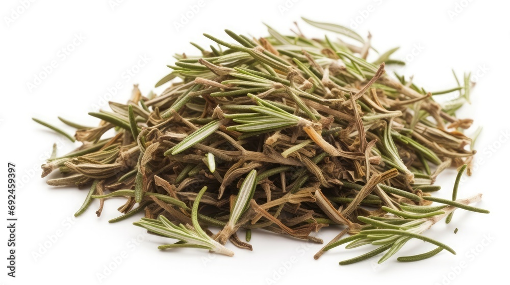 dried rosemary leaves on a table , white isolated background dried rosemary leaves on a table , white isolated background
