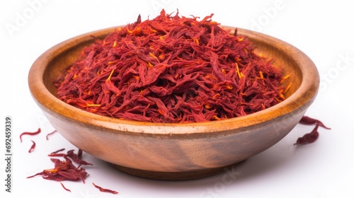 saffron in a wooden bowl on a table in white isolated background