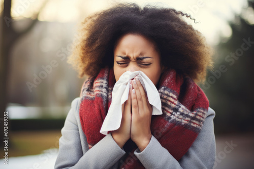 Young african american woman sneezing in the park. Fall flu or virus theme 