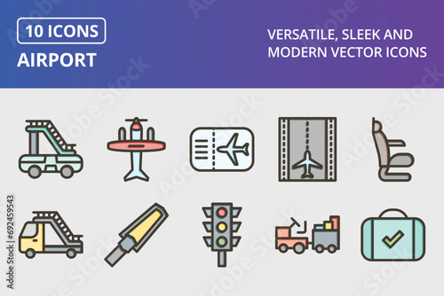 Airport Thick Line Filled Colors Icons Set